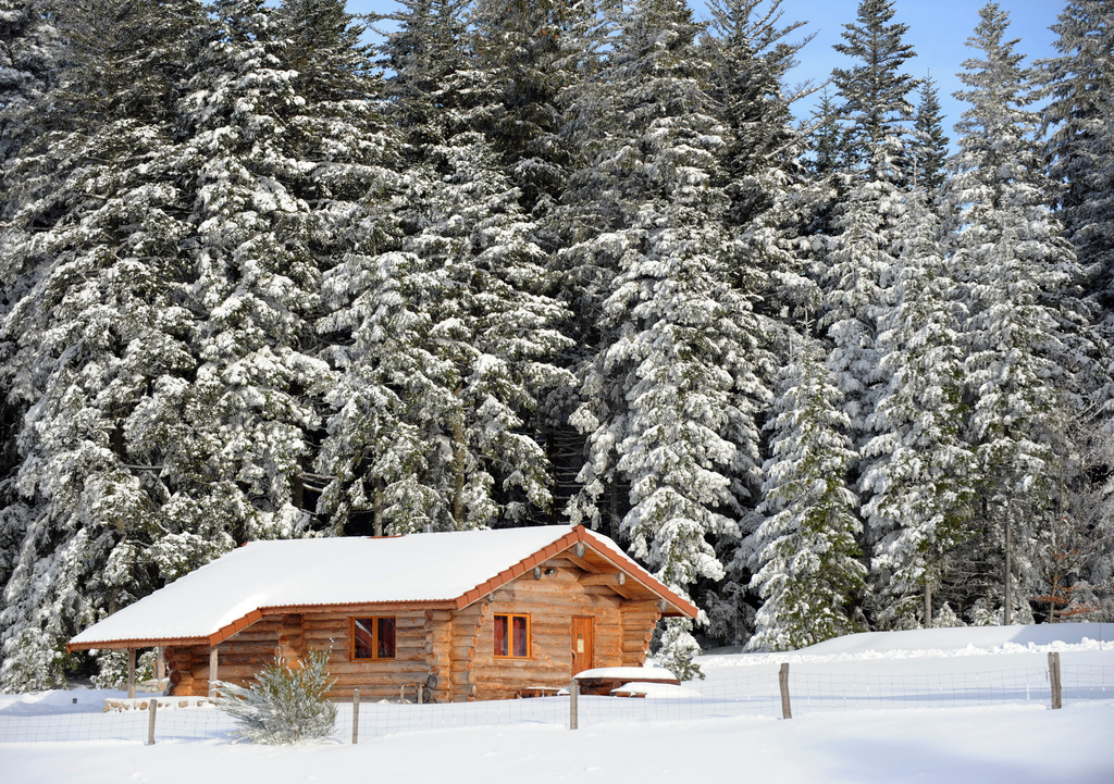 Chalet en rondins en hiver